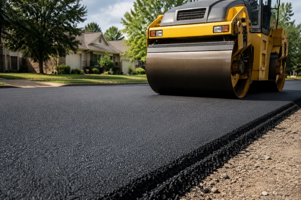 Road roller compacting newly placed asphalt