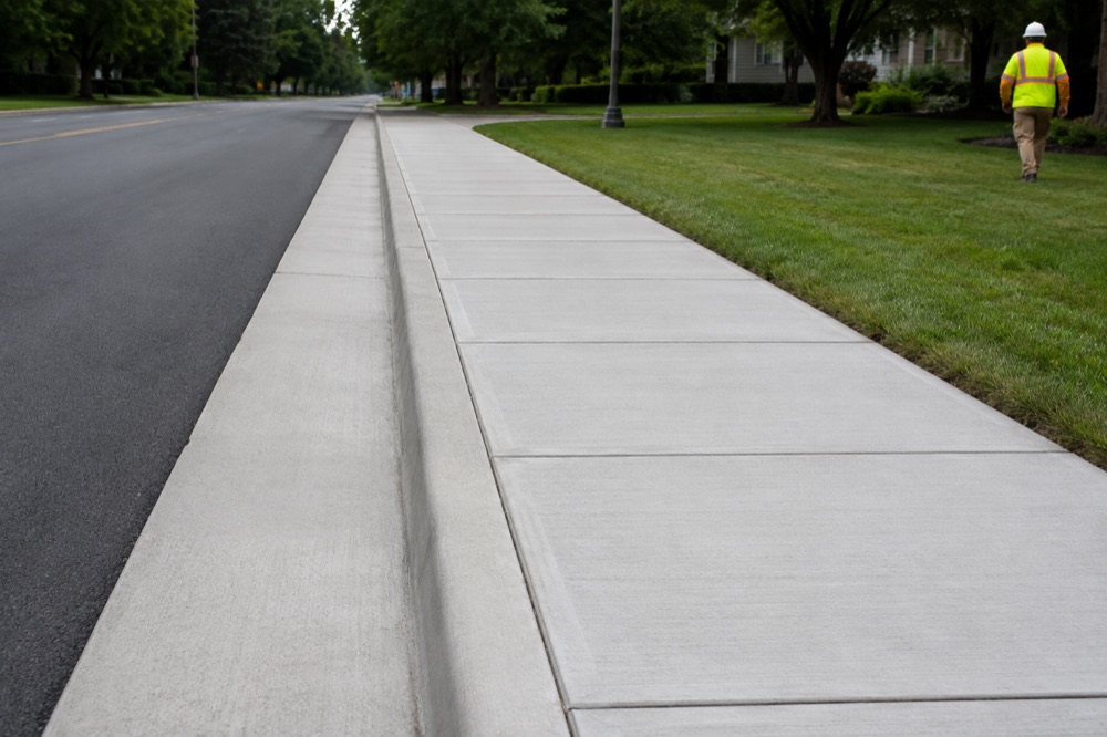 Restored concrete sidewalk and curb alongside a roadway