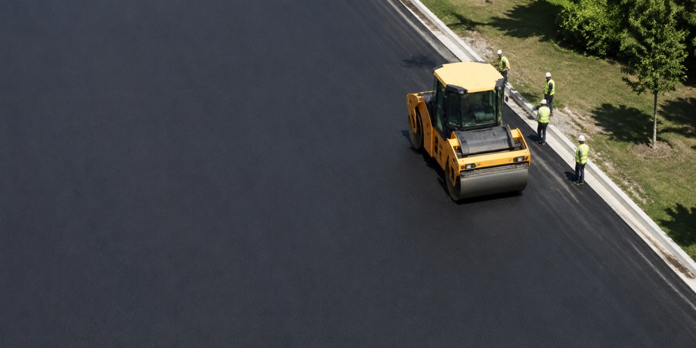 Road crew and roller on a newly restored asphalt surface